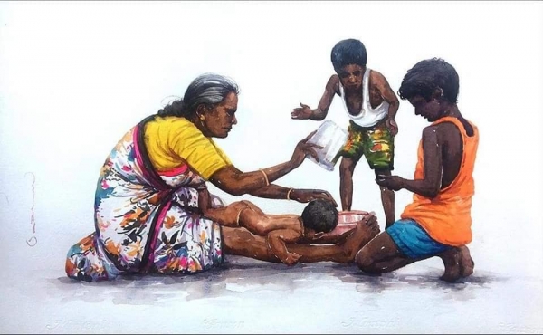 L'Inde en dessins 3 Maman massant son bébé